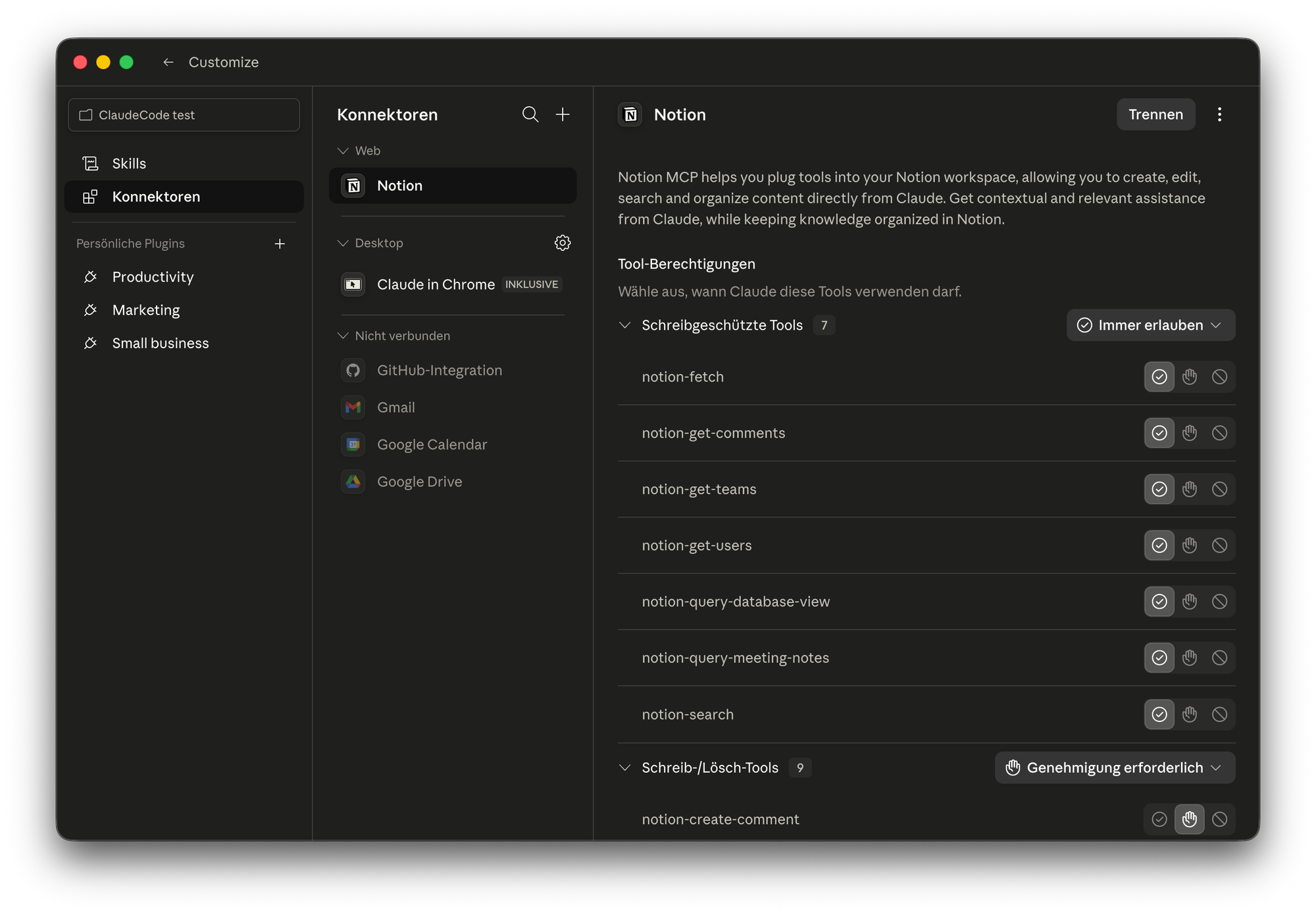 Screenshot, der die Einstellungs-Seite innerhalb der Claude Desktop App zeigt, auf welcher man den Claude Connector aktivieren kann