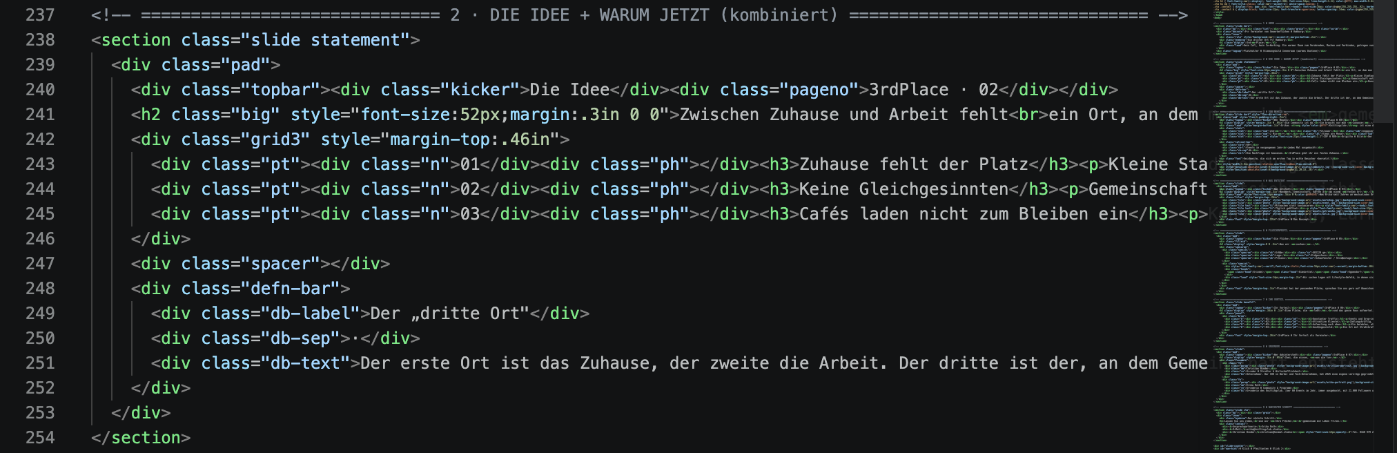 Screenshot von HTML-Code, welche der Präsentation zugrunde liegt. Die Unübersichtlichkeit des Codes erklärt, dass der Autor keine Lust hat, dort händisch Anpassungen vorzunehmen