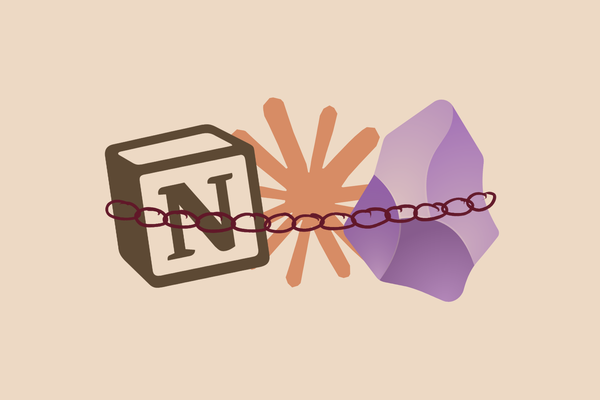 Die Logos von Notion, Claude und Obsidian verbunden durch eine gezeichnete Kette, die die Zusammenarbeit zwischen den Systemen verdeutlicht